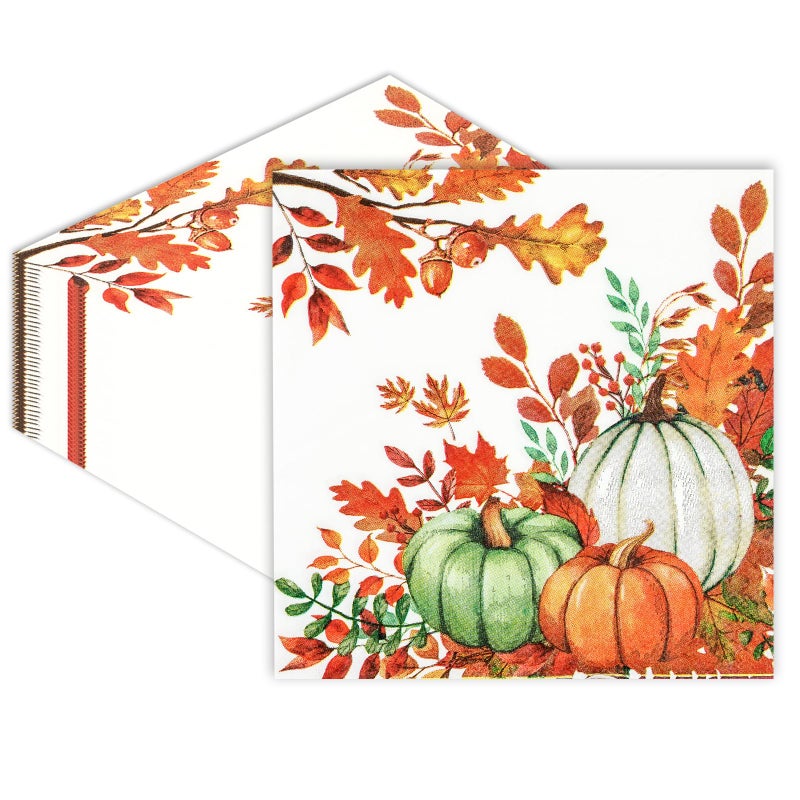 EVYIENEN 40 PCS Fall Pumpkin Paper Napkins Watercolor Autumn Luncheon Napkins Disposable Pumpkins Maple Leaves Party Napkin for Autumn Thanksgiving Harvest Home Kitchen Party Supplies, 6.5 x 6.5 Inch - Image 1